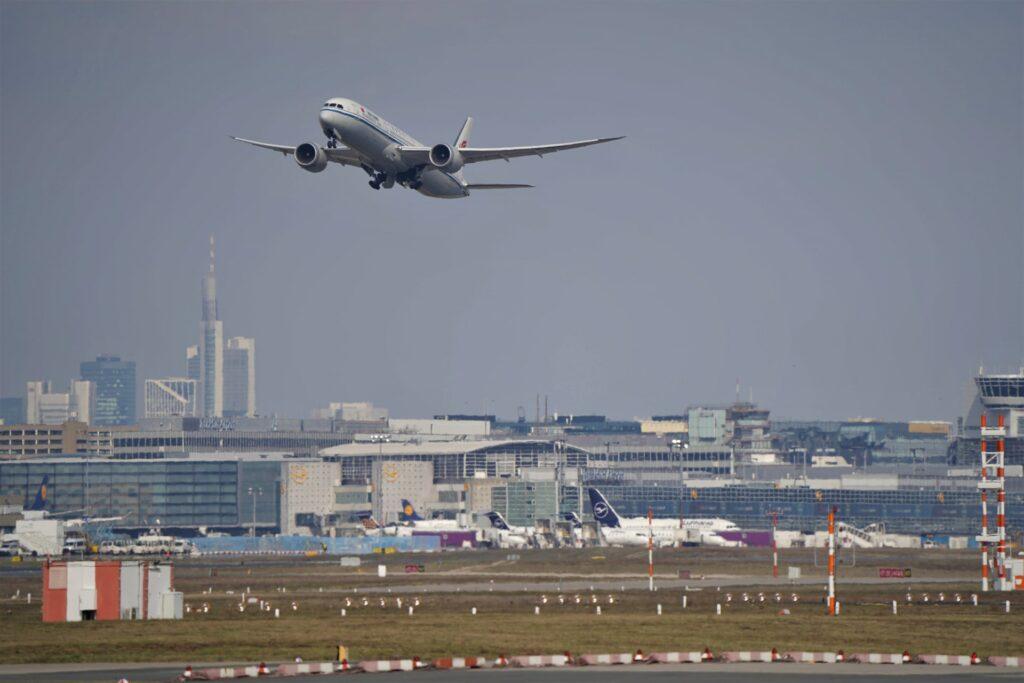 passenger airplane taking off from Frankfurt airport